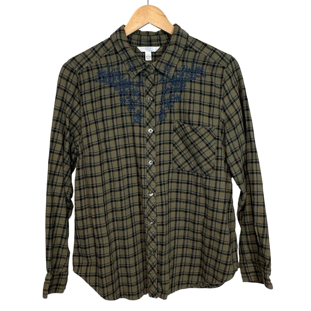 Time And‎ Tru Flannel Shirt L Olive Green Plaid Embroidery Cottagecore Prairie